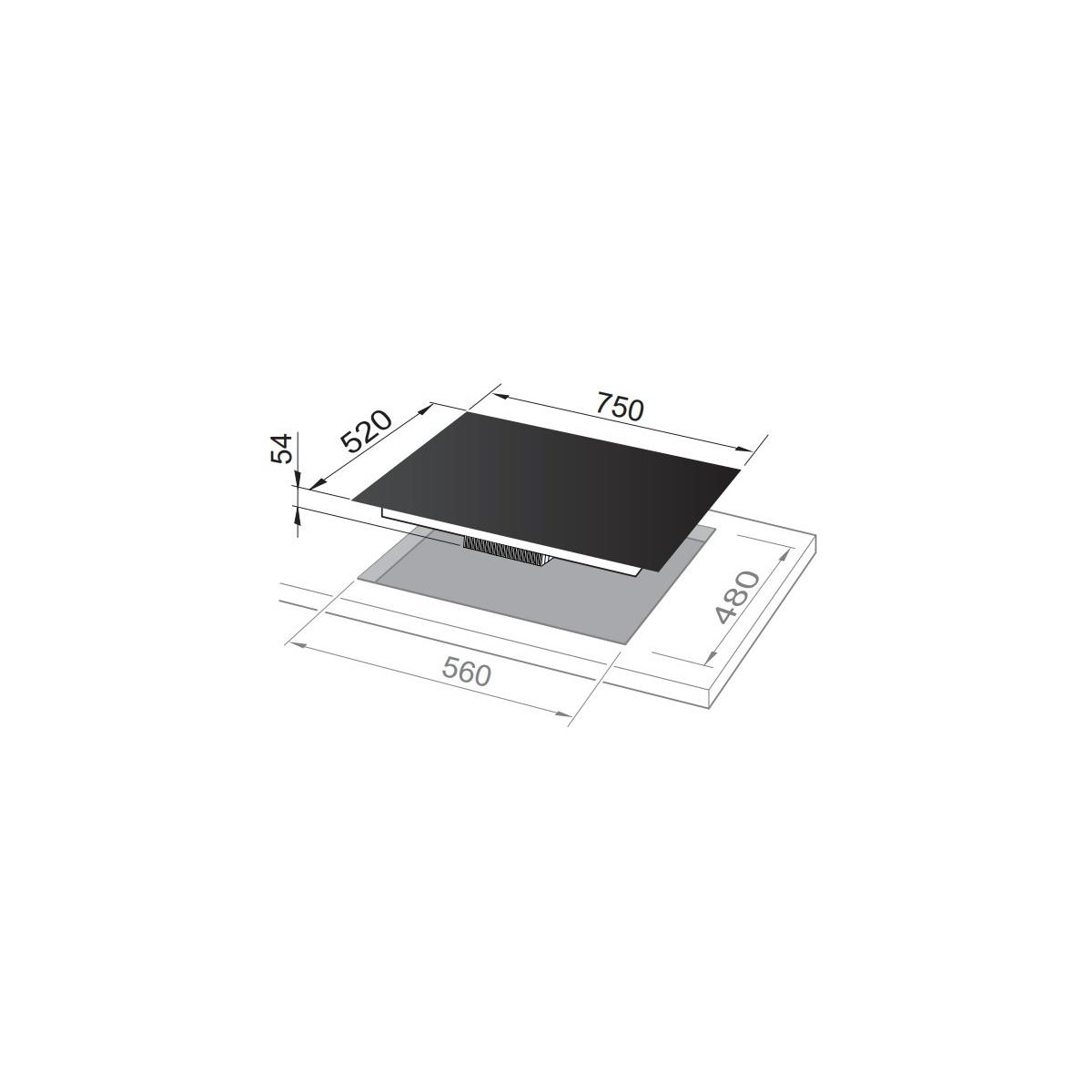 Disegno tecnico di un piano cottura nero con dimensioni.