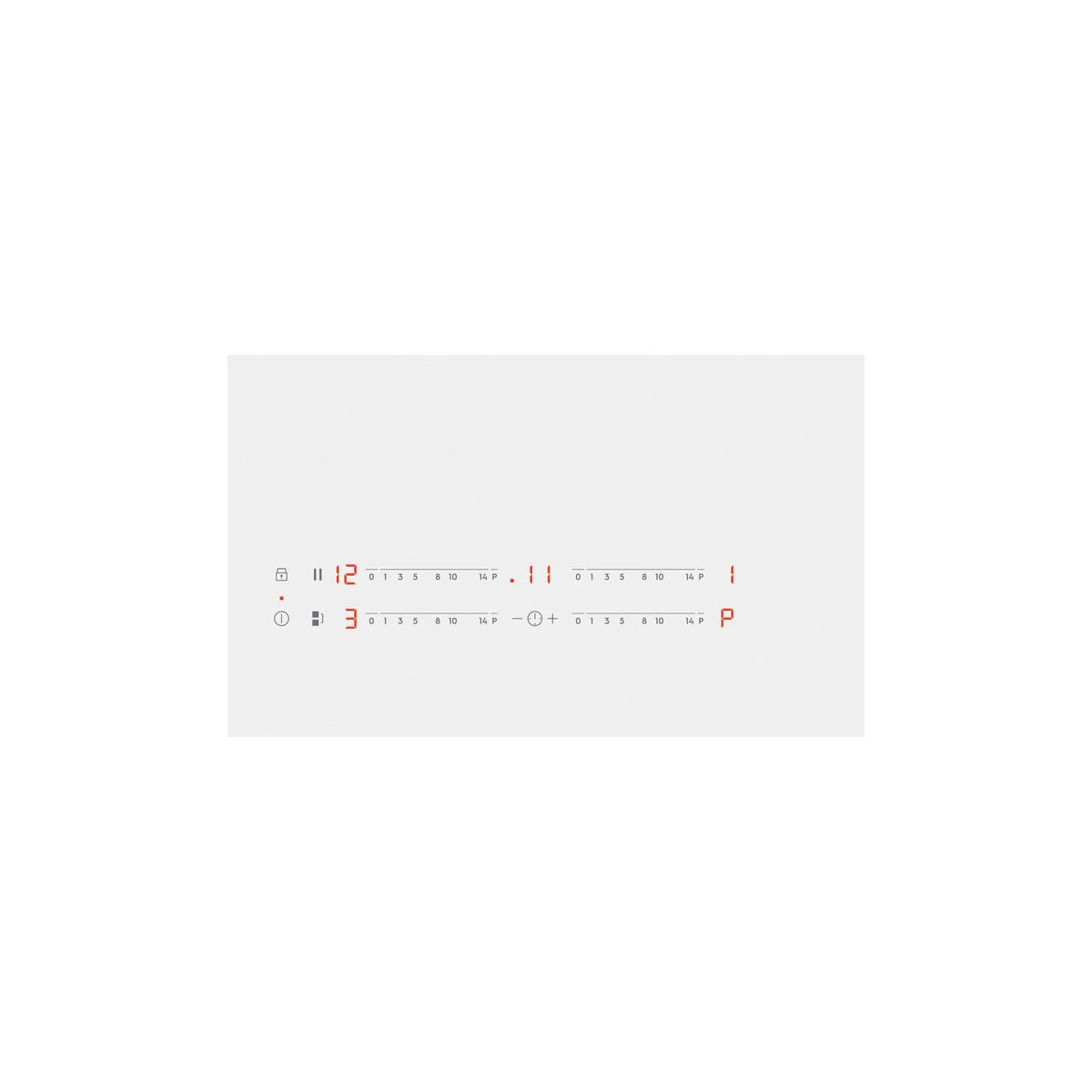 Un display del piano cottura con numeri rossi e simboli per potenza e timer.