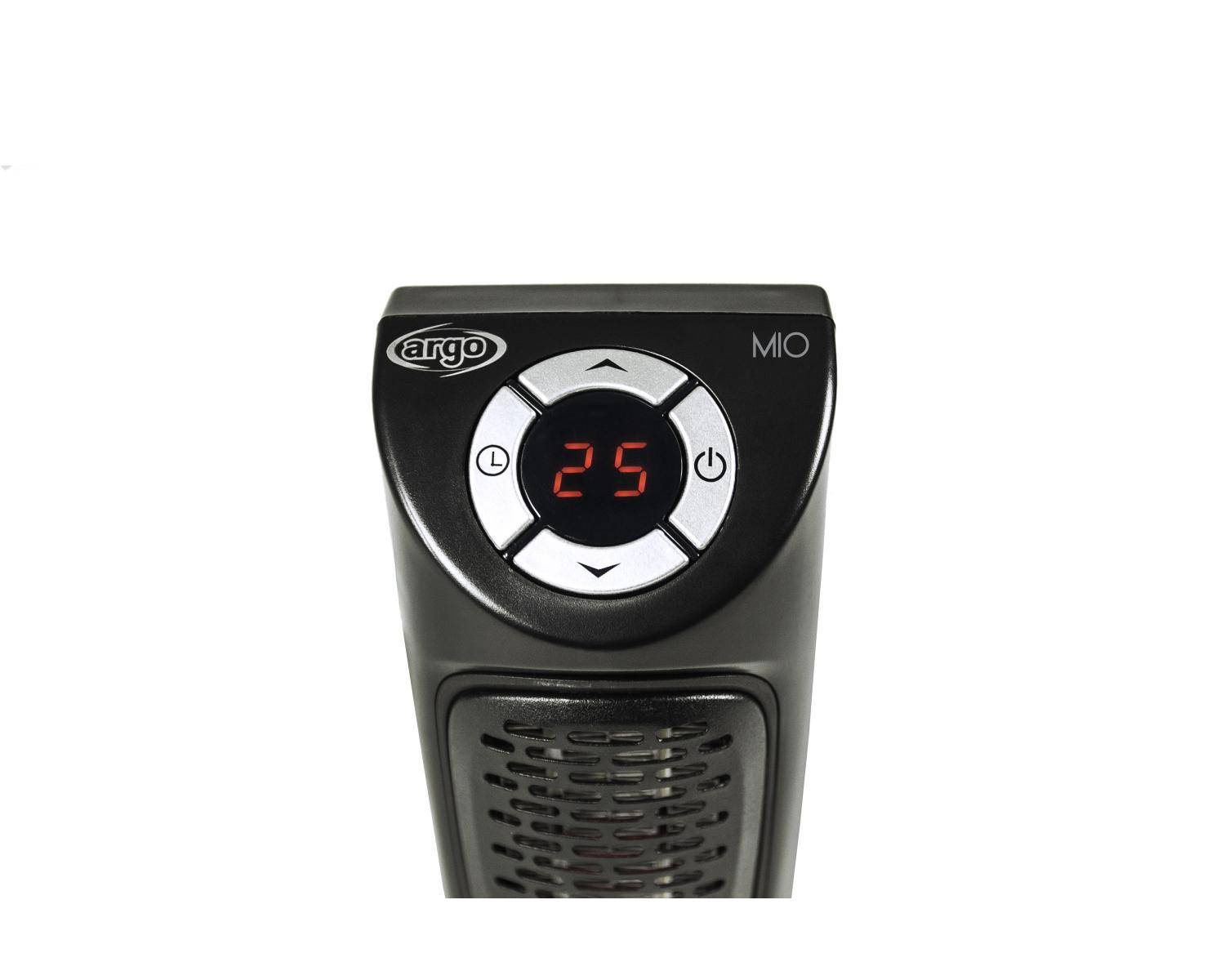 Un termoventilatore nero con display digitale di 25 gradi e pulsanti.
