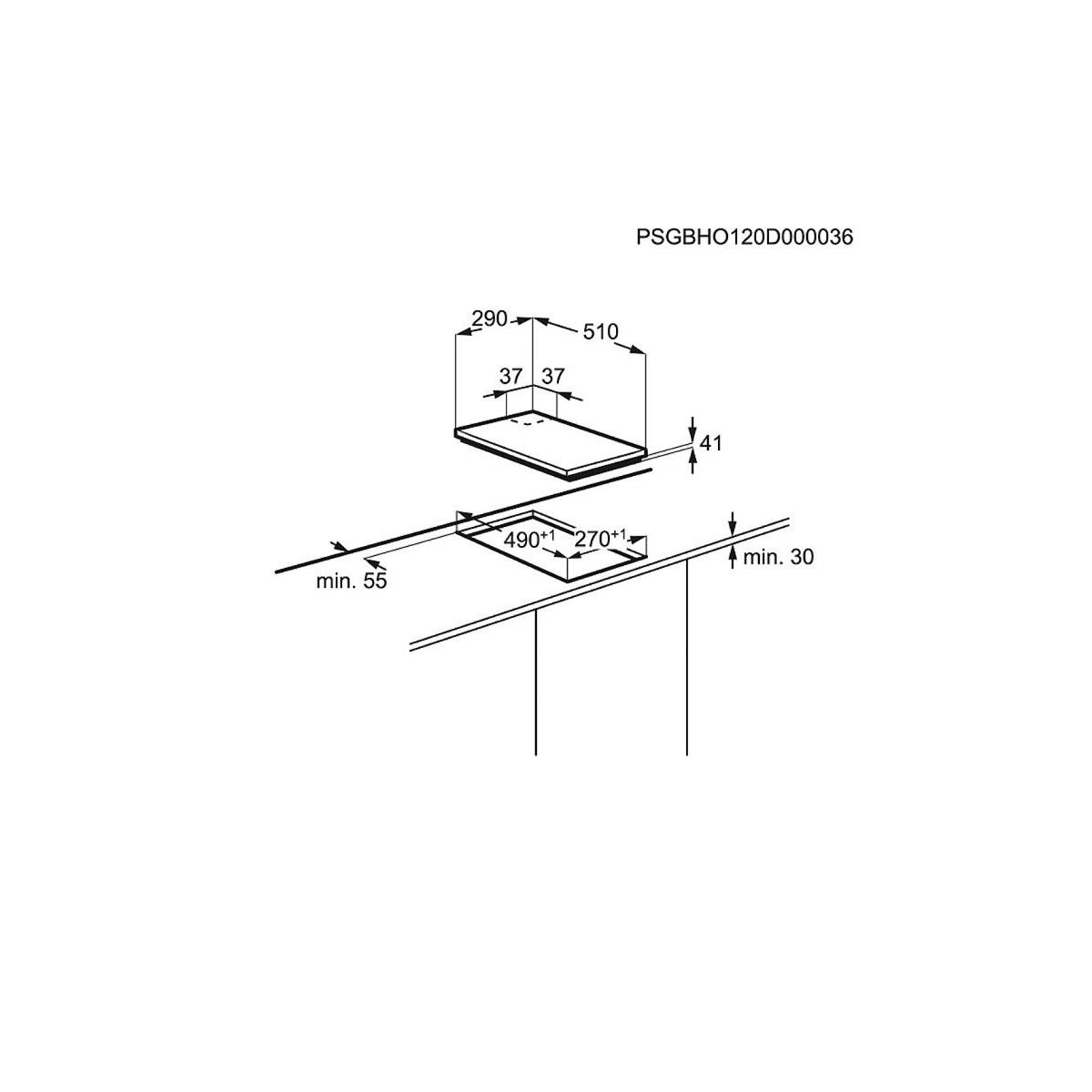 Technische tekening met afmetingen voor inbouwapparaat. Bovenrand 41mm, uitsparing 490x270mm.