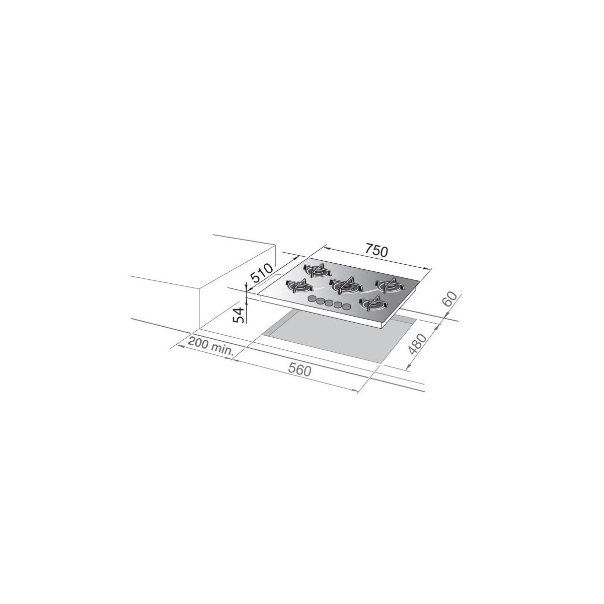 Disegno tecnico di un piano cottura a gas con dimensioni.