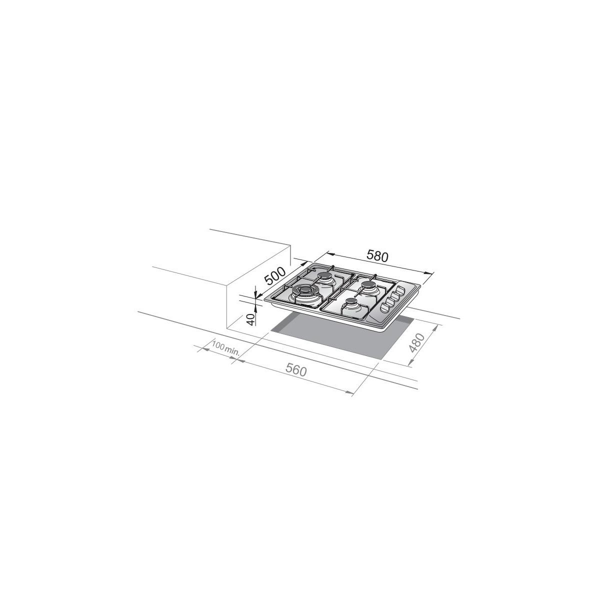 Disegno tecnico di un piano cottura a gas a quattro fuochi con dimensioni.