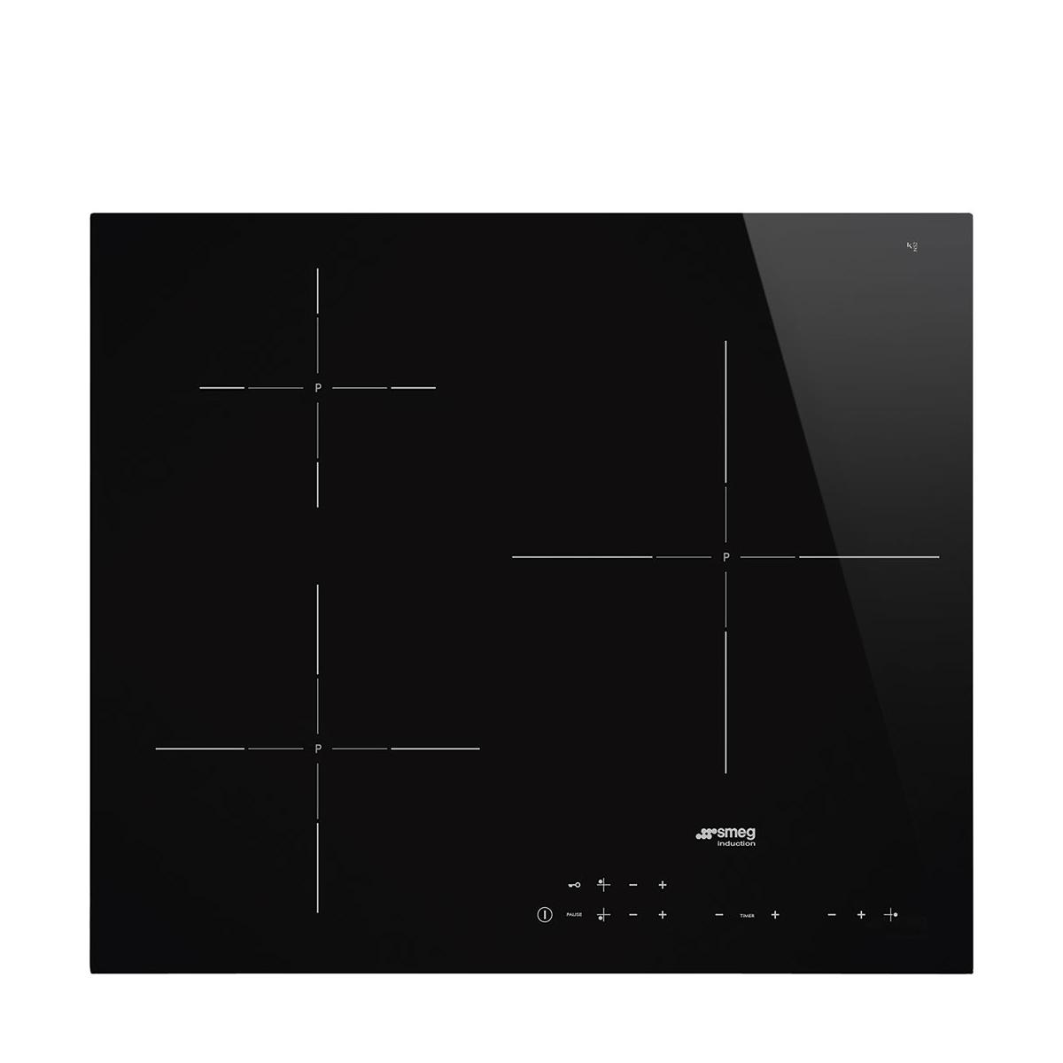 Placa de inducción negra con cuatro zonas de cocción y controles táctiles.