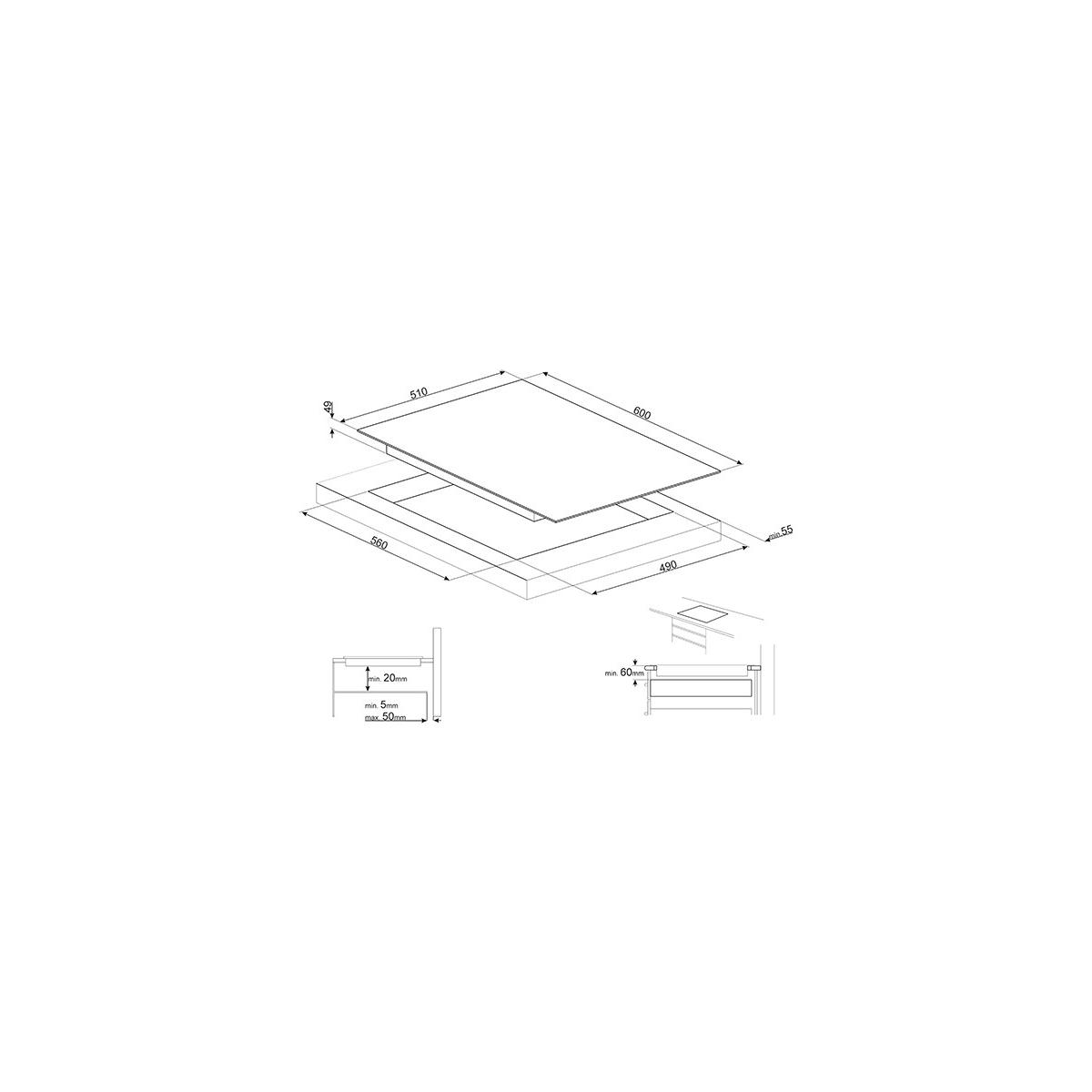 Dibujo técnico de una placa de cocina con dimensiones y guías de instalación.