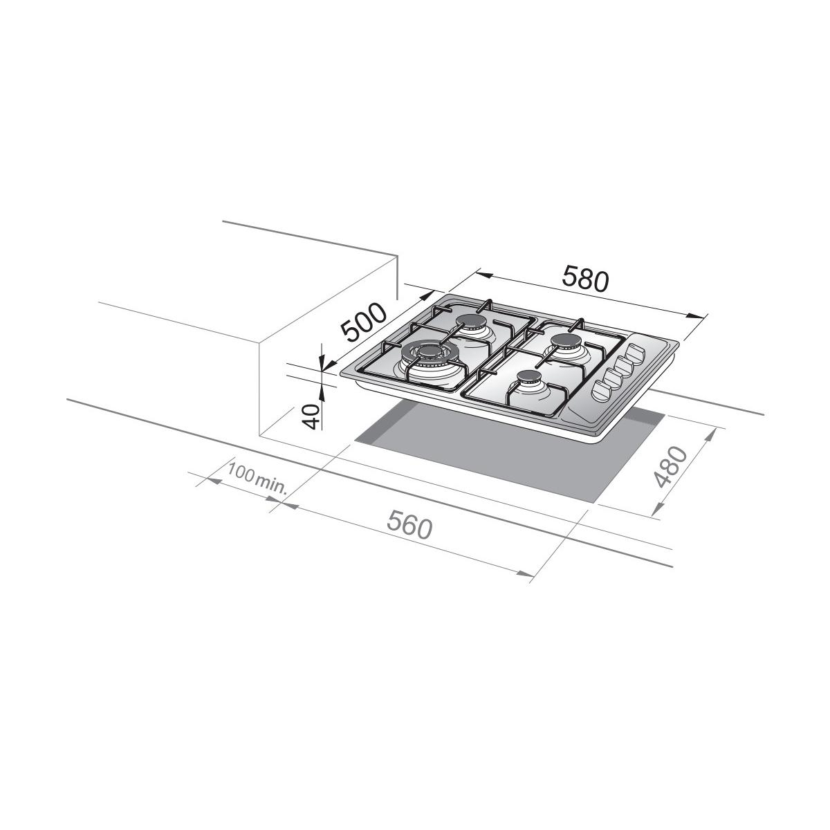 Diagrama de una placa de gas de cuatro quemadores con dimensiones.