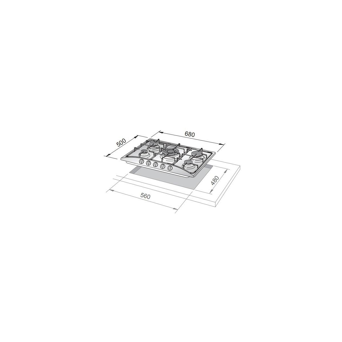Un diagramma di piano cottura a gas con dimensioni in mm.