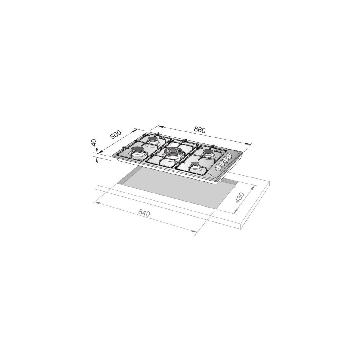 Encimera de gas de cuatro quemadores, dimensiones 860x500x40mm, 840x480mm.