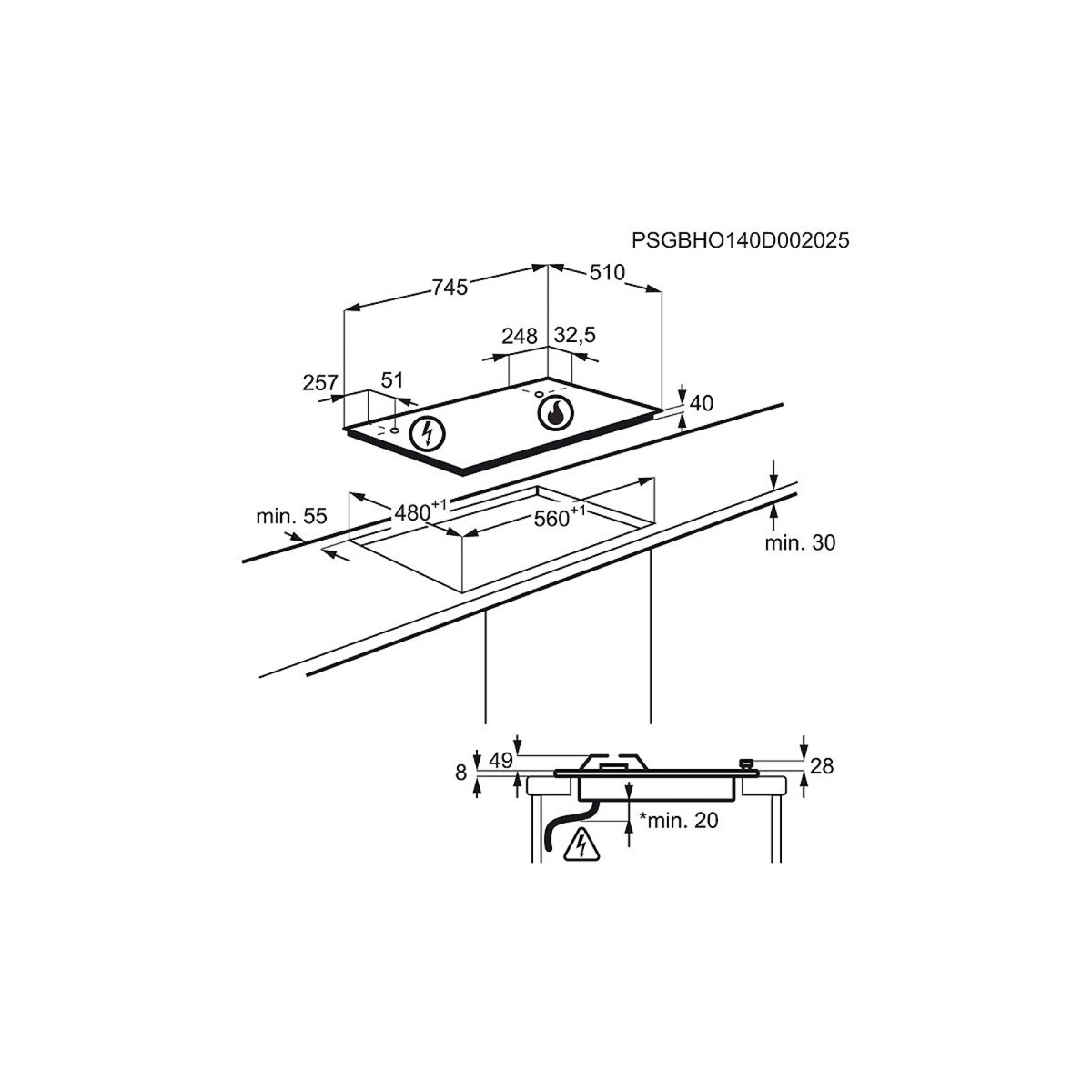Disegno tecnico di un piano cottura con dimensioni e istruzioni di installazione.