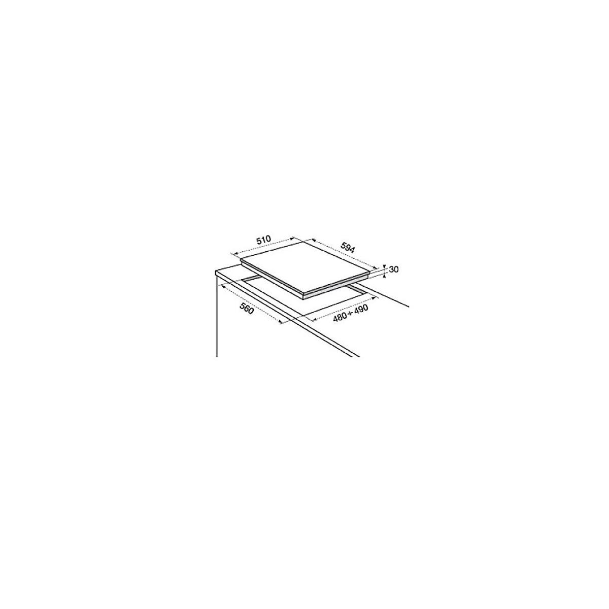 Plano de encastre de vitrocerámica con medidas 510x594x30mm y hueco 560x480-490mm.