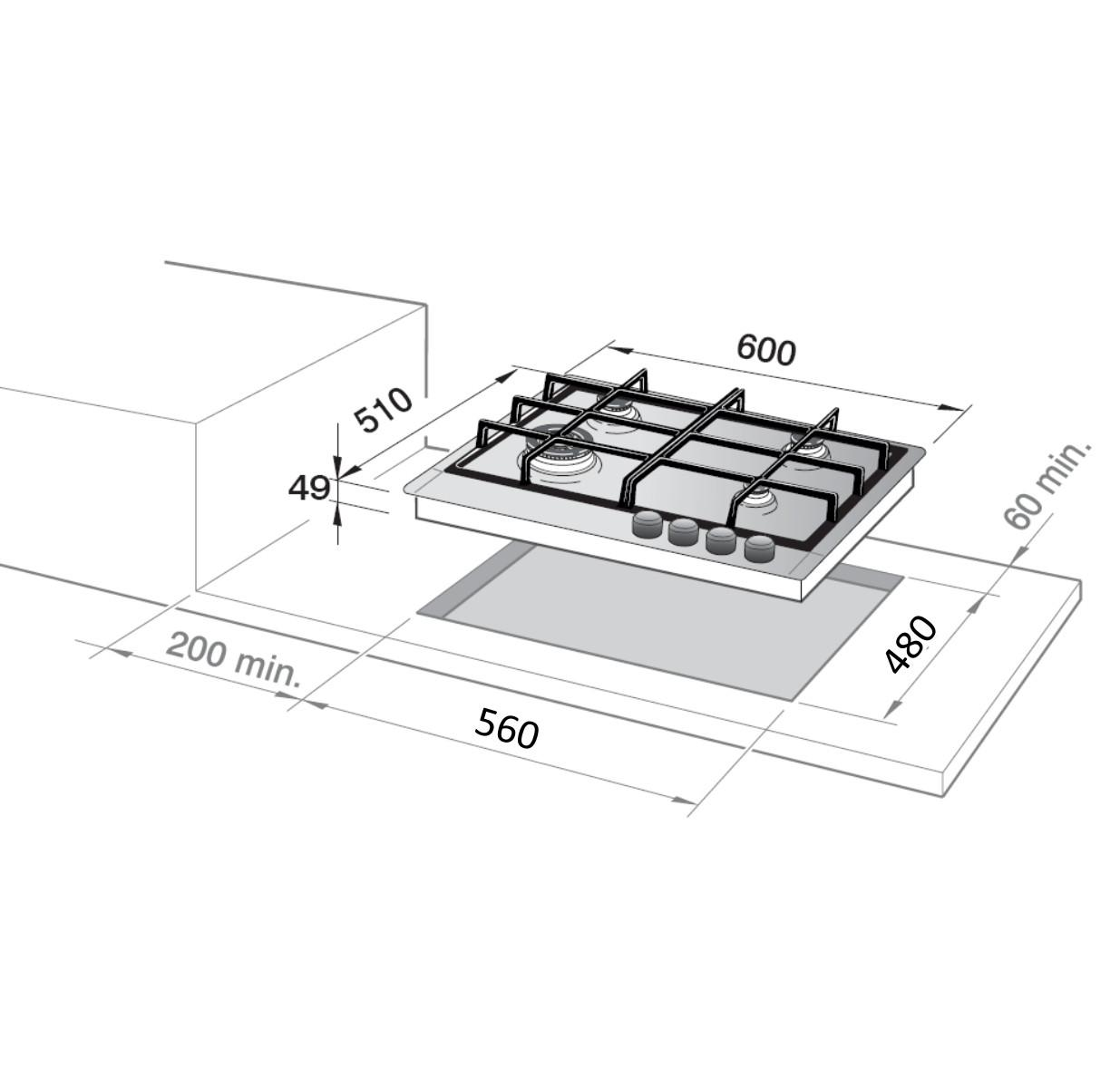 Dibujo técnico de una placa de gas con dimensiones.