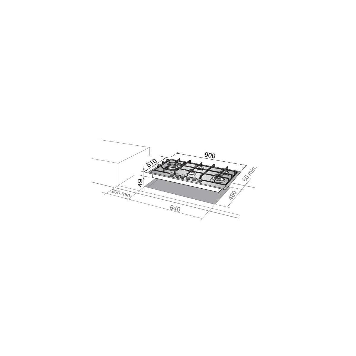 Piano cottura a gas con quattro fuochi, dimensioni 900x510 mm, profondità 49 mm.