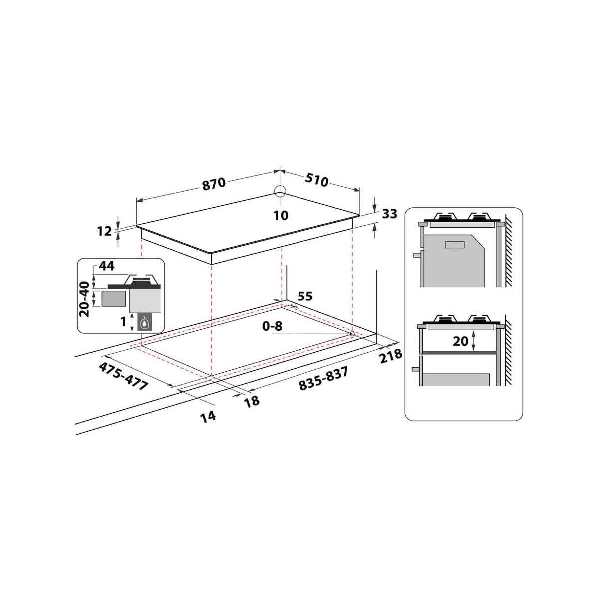 Technische tekening van een kookplaat met afmetingen en installatiedetails.