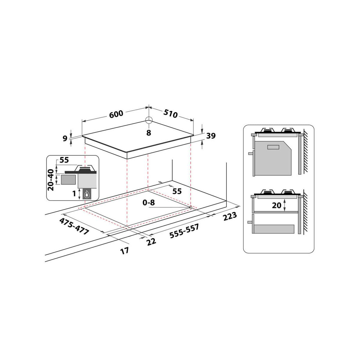 Dibujo técnico de una placa de cocina con dimensiones e instrucciones de instalación.