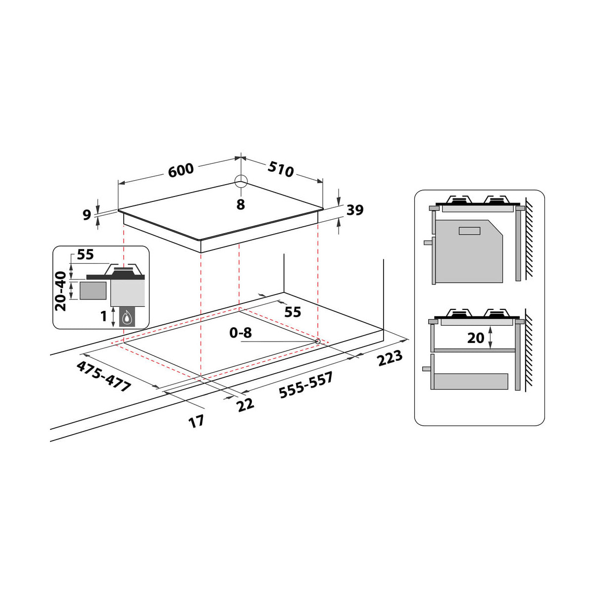 Disegno tecnico di un piano cottura con dimensioni e dettagli installazione.
