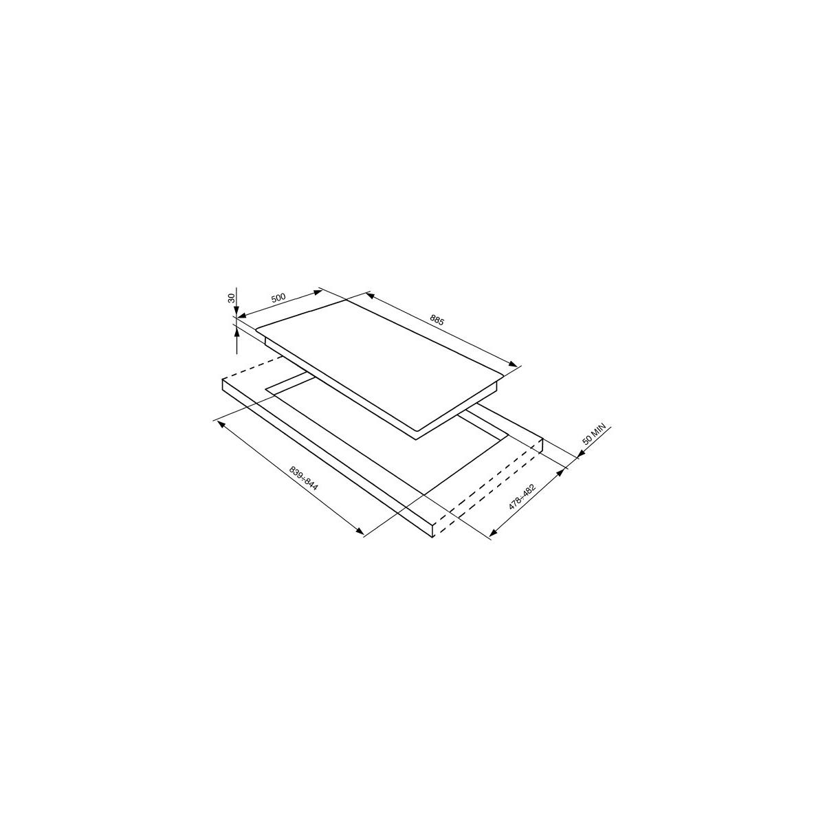 Dibujo técnico de una placa de cocina con dimensiones.