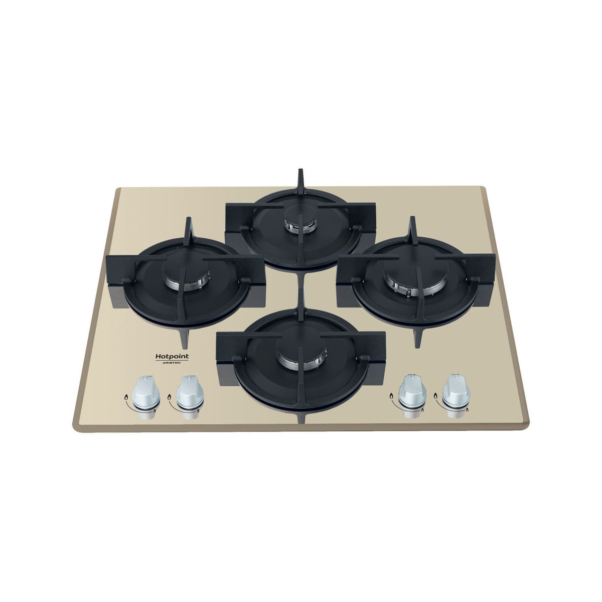 Encimera de gas color crema con cuatro quemadores negros y perillas plateadas.