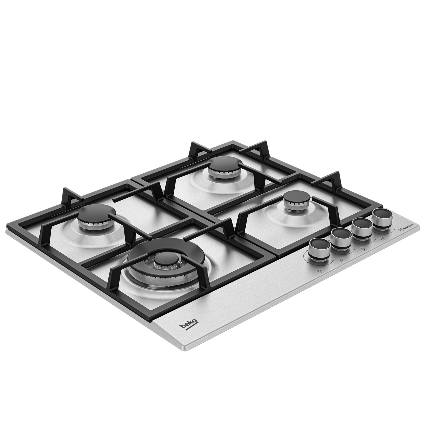 Elegante placa de gas de acero inoxidable con cuatro quemadores y mandos.