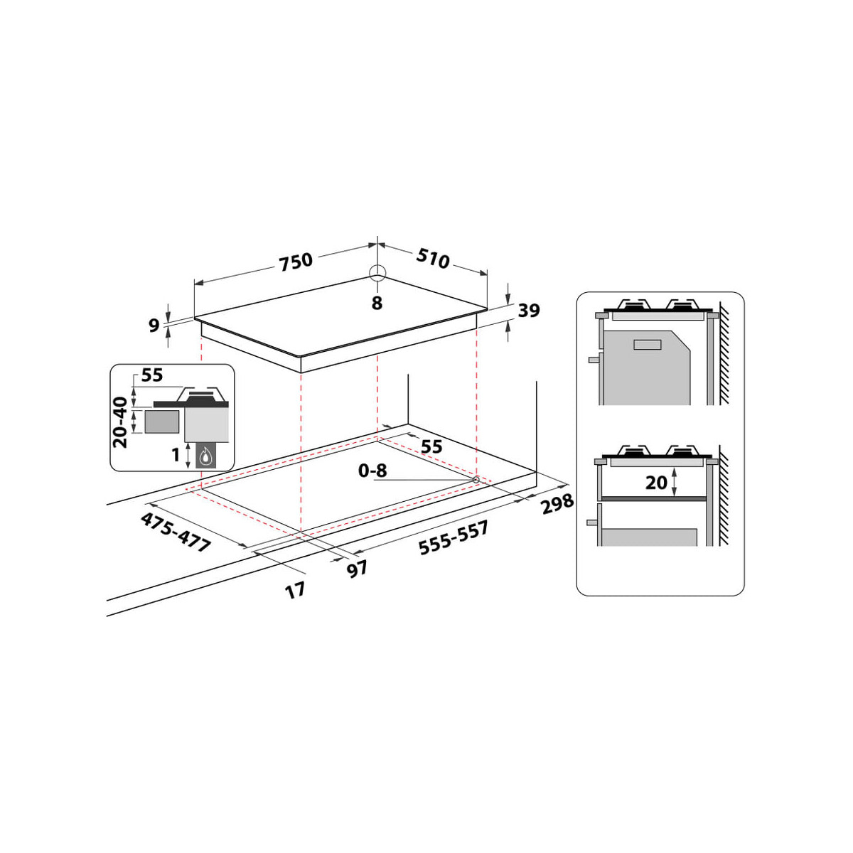 Disegno tecnico di un piano cottura con dimensioni e dettagli.