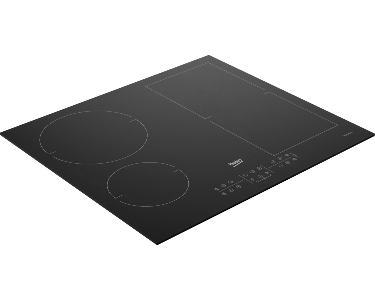 Een zwart Beko inductiekookplaat met touch controls en drie kookzones.