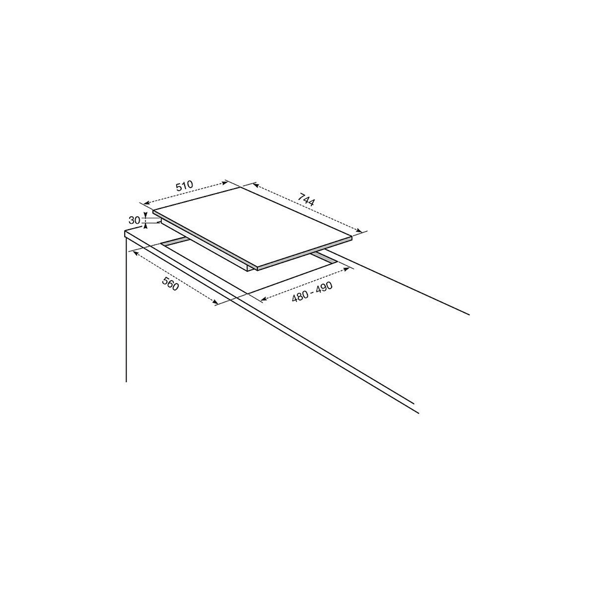 Dibujo de instalación de una placa de cocina con dimensiones: 510x744mm, altura 30mm, corte 480-490x560mm.