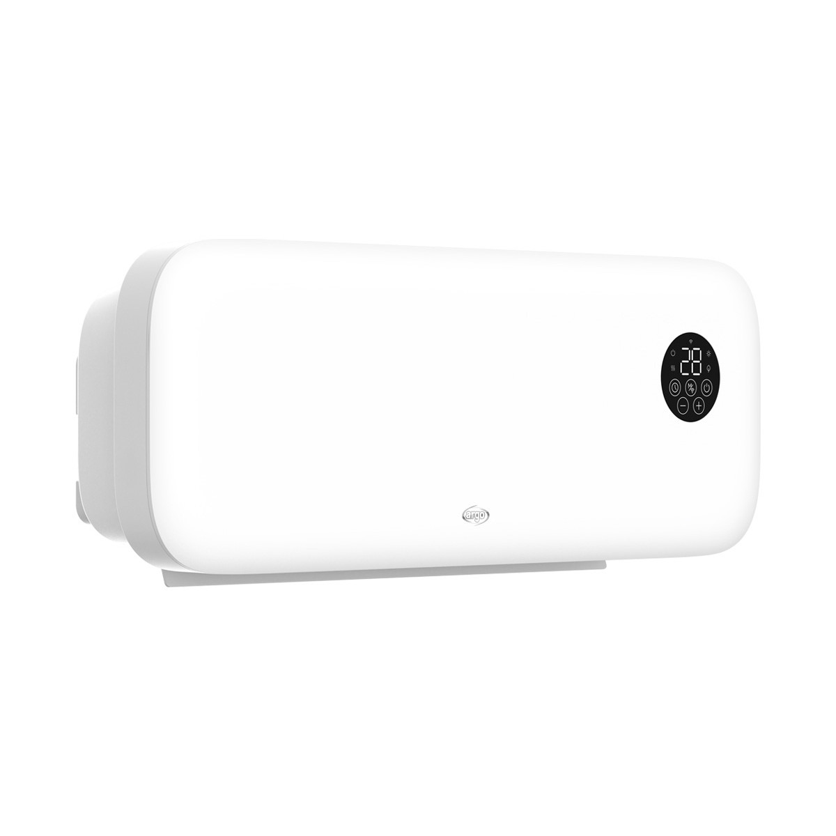 Un termosifone bianco con display digitale che mostra 28 gradi e pulsanti.