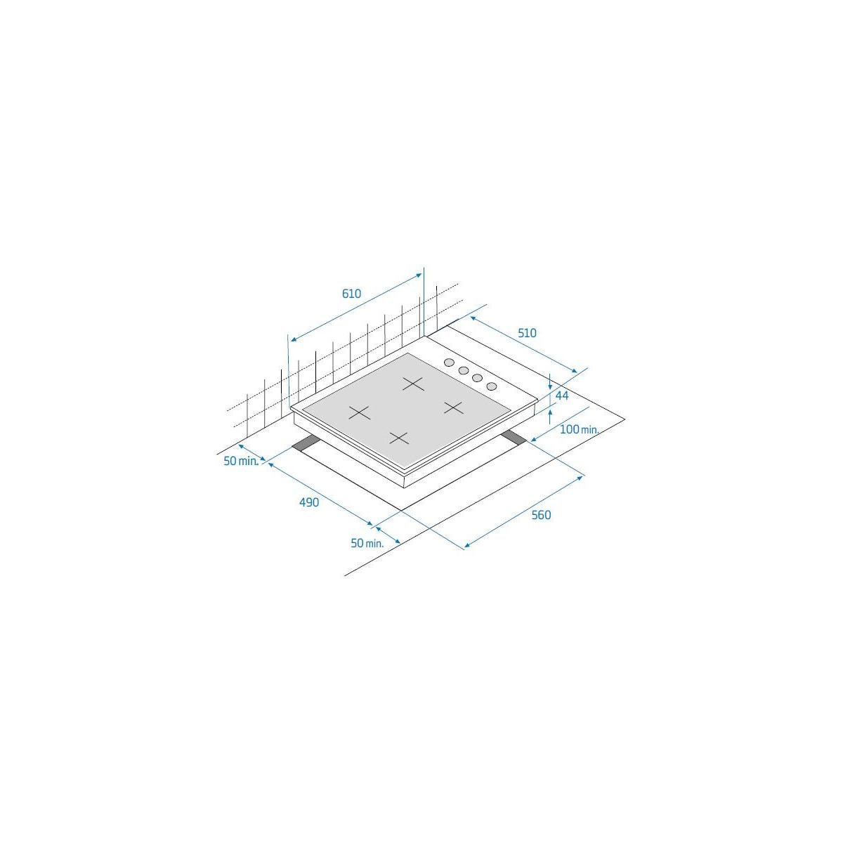 Dibujo técnico de una placa de cocina con dimensiones.