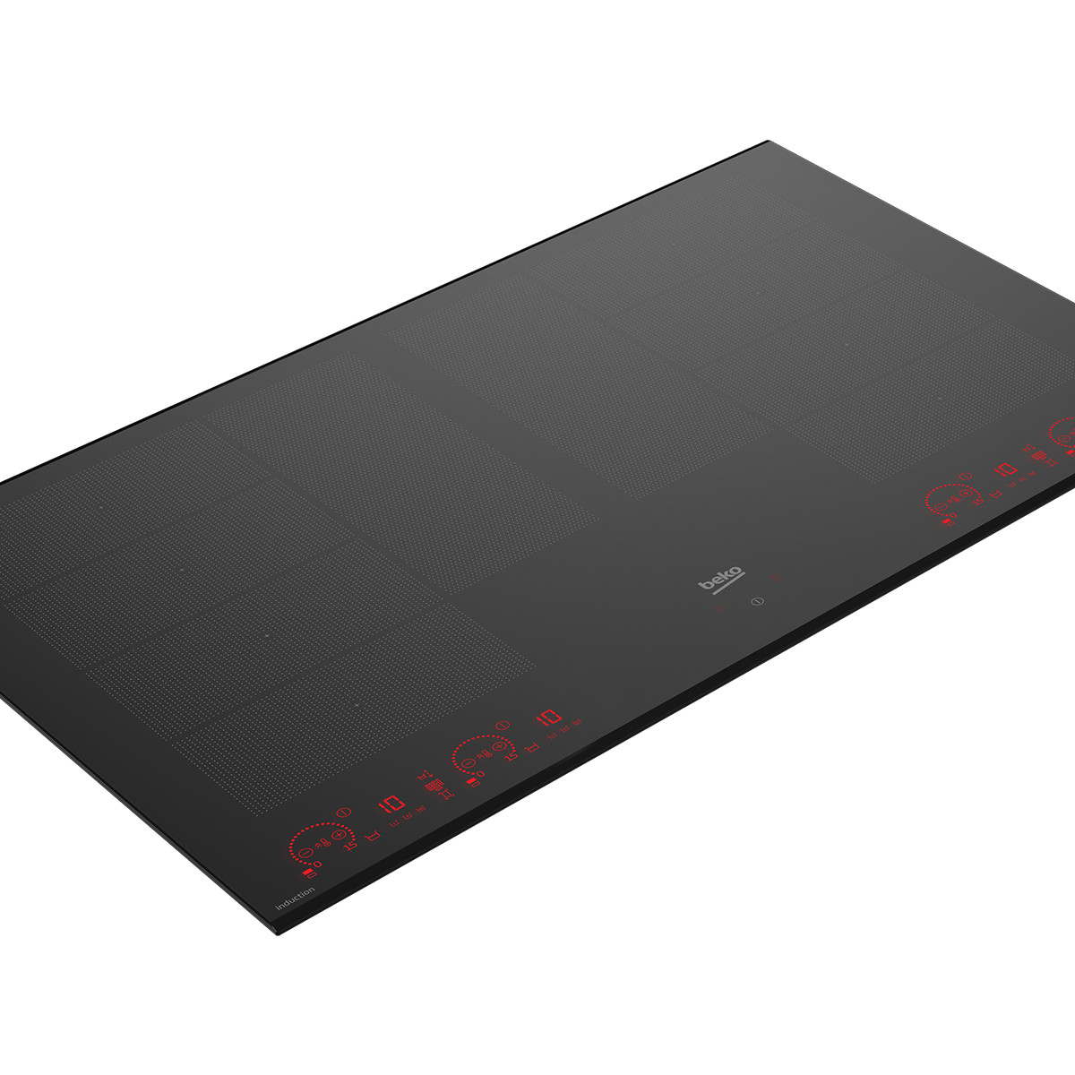 Piano cottura a induzione nero con display digitale rosso e controlli. Logo Beko visibile.