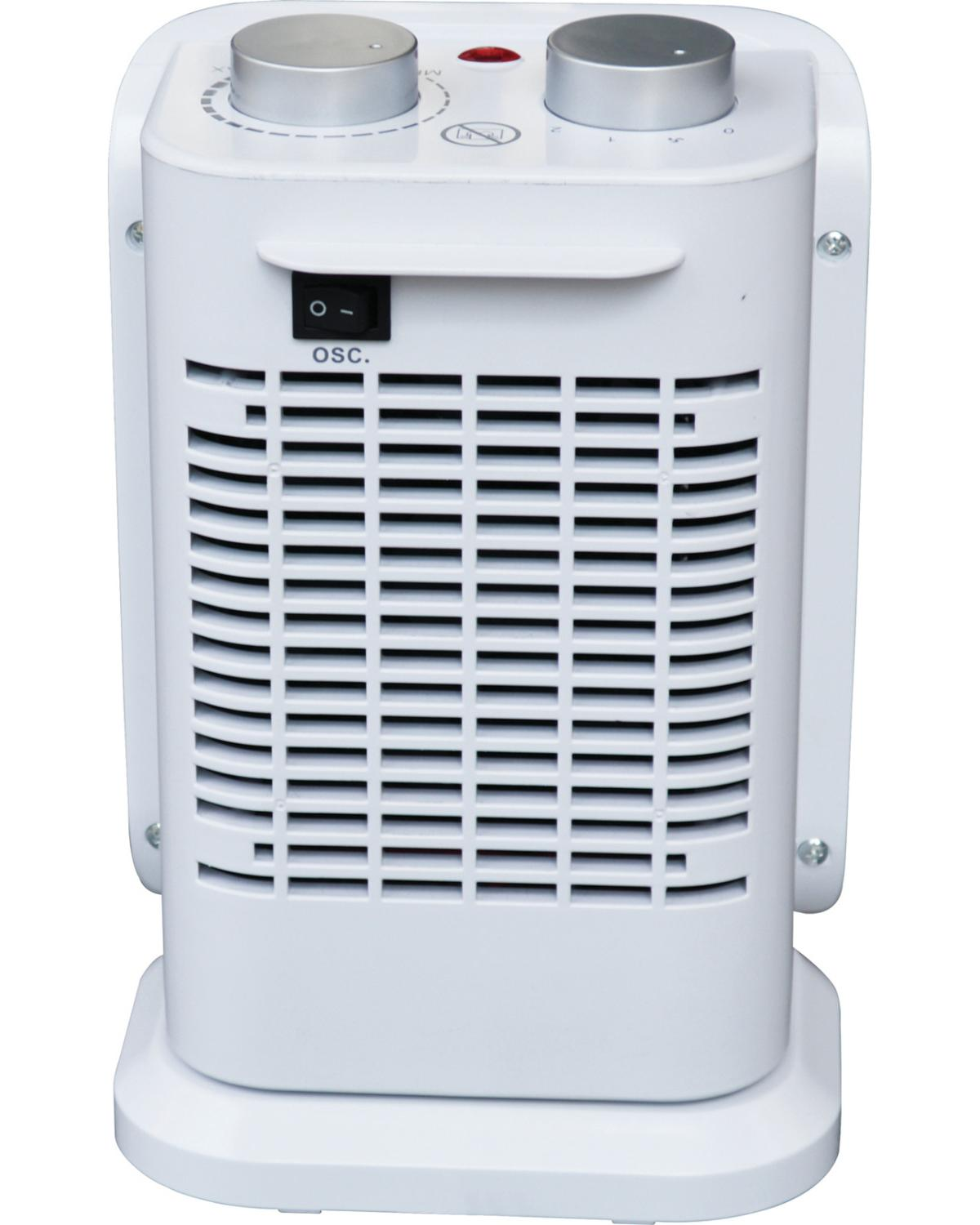 Una stufetta a ventola bianca con due manopole, un interruttore e fessure di ventilazione.