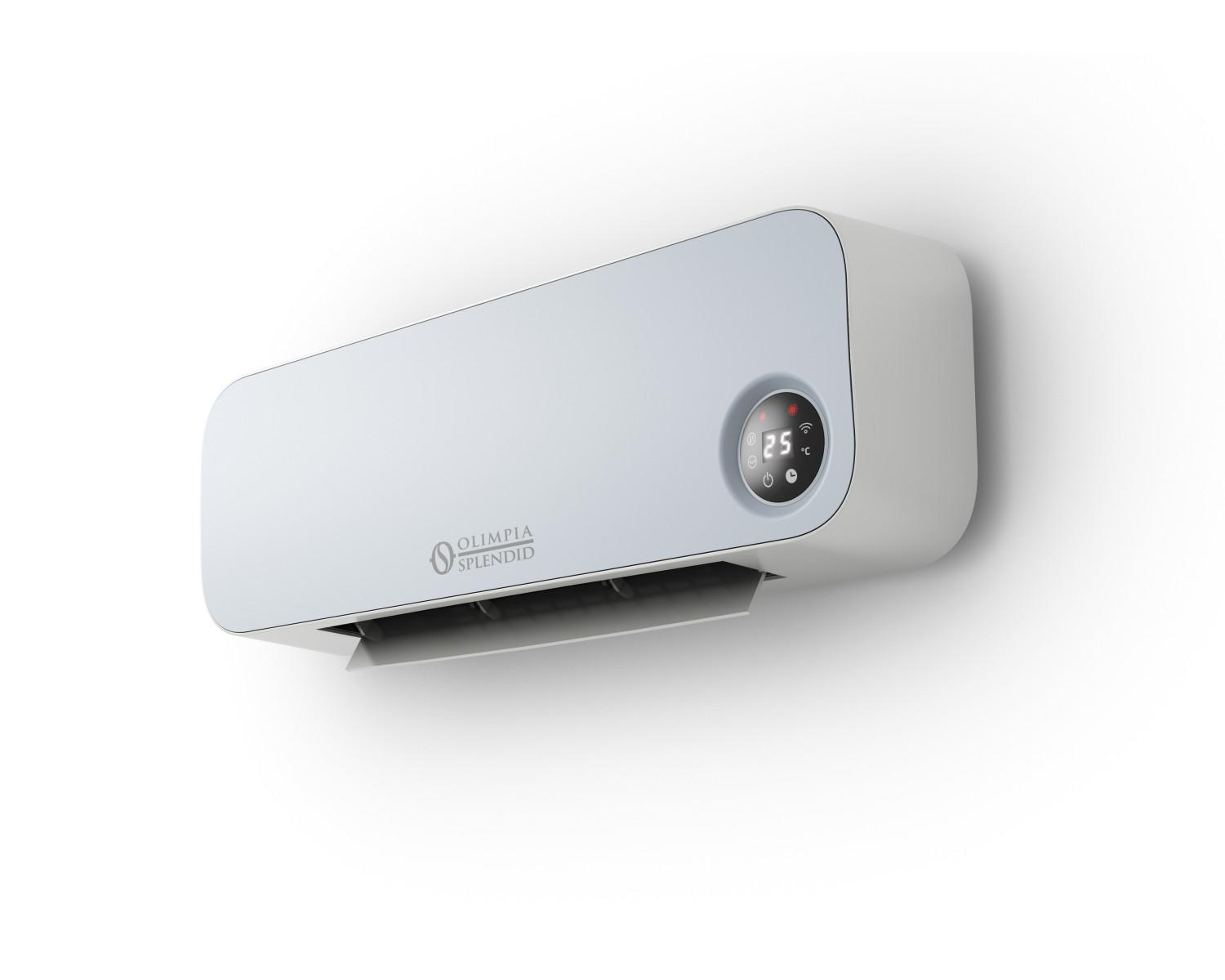 Un aire acondicionado de pared blanco con pantalla digital muestra 25 grados.