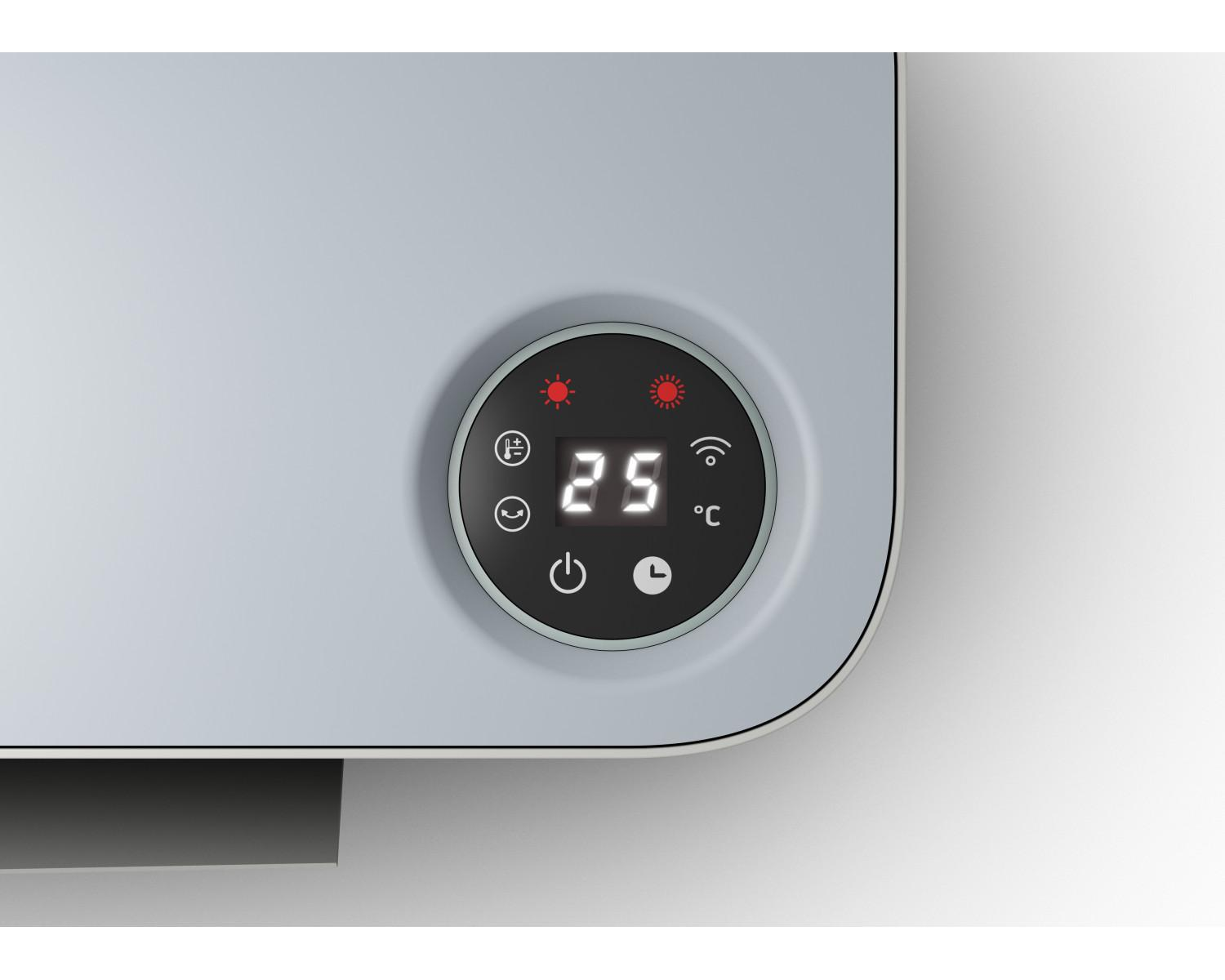Una pantalla digital muestra 25 grados Celsius con iconos.