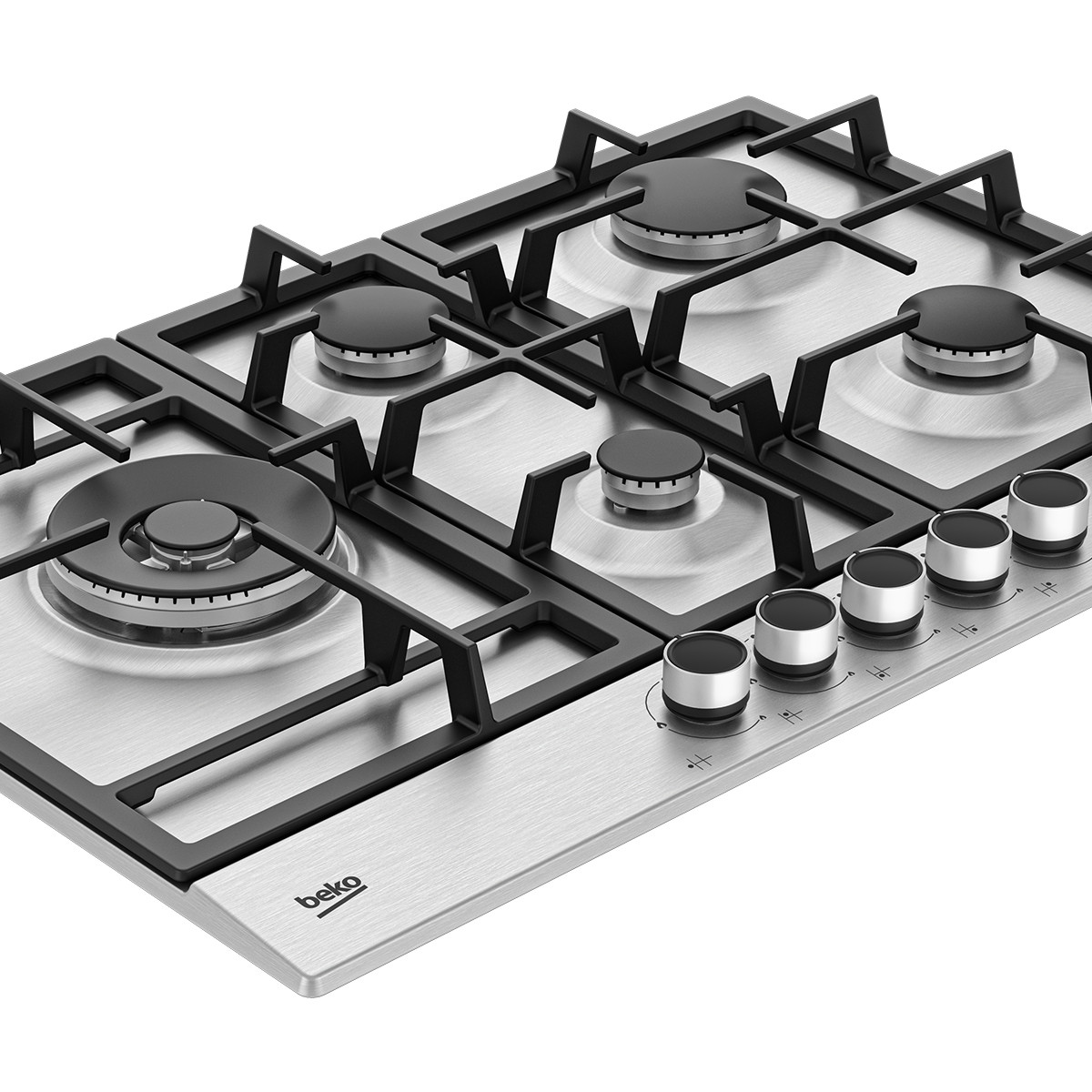Una estufa de gas plateada con cuatro quemadores y rejillas negras.