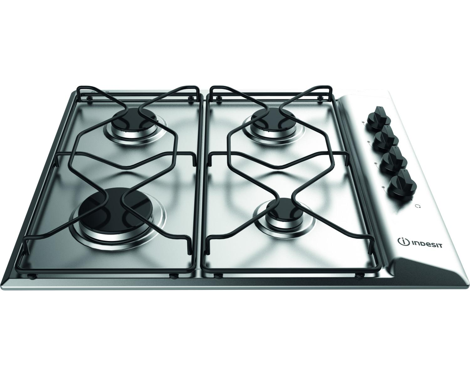 Cocina de gas de acero inoxidable con cuatro quemadores y perillas negras.