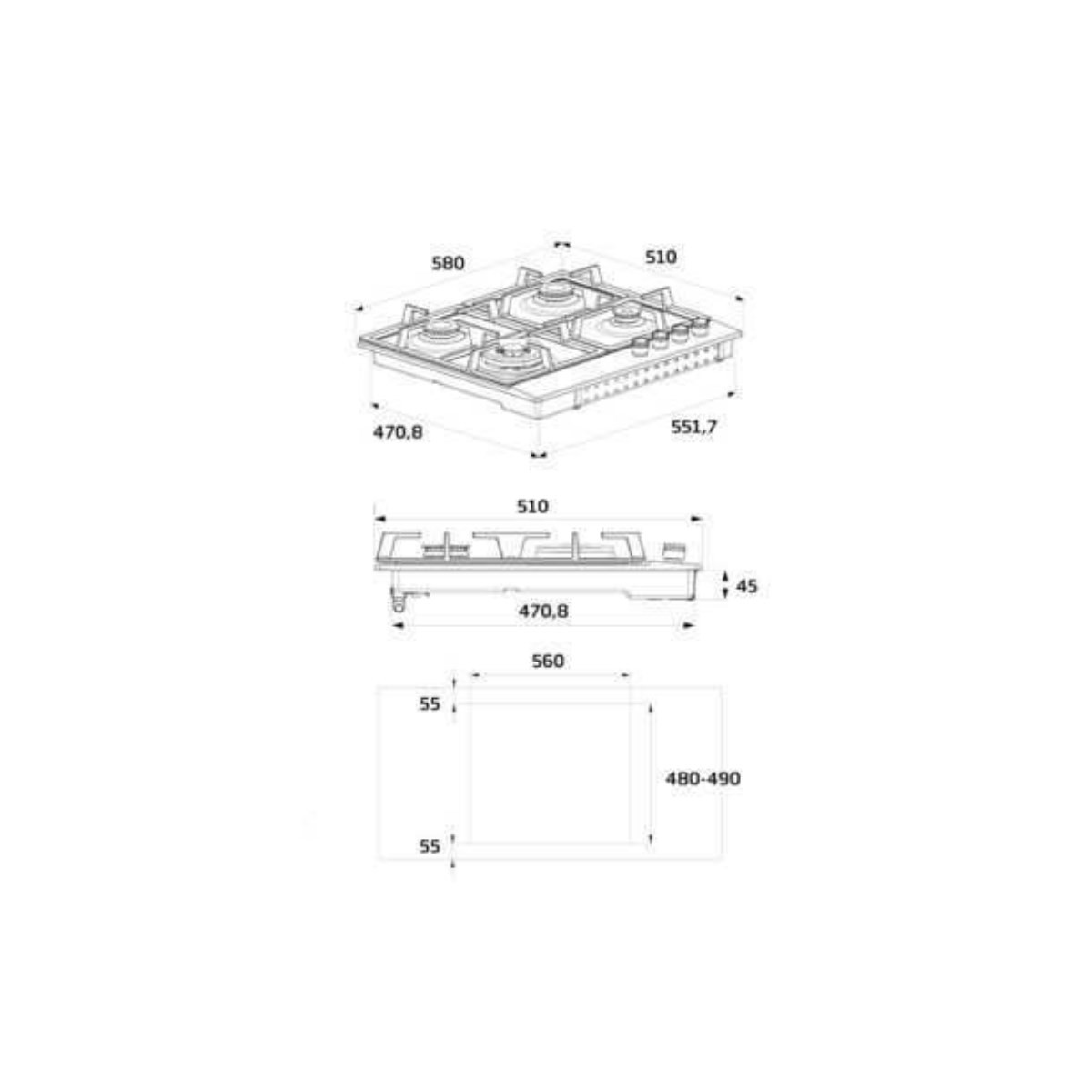 Disegno tecnico di un piano cottura a gas con dimensioni.