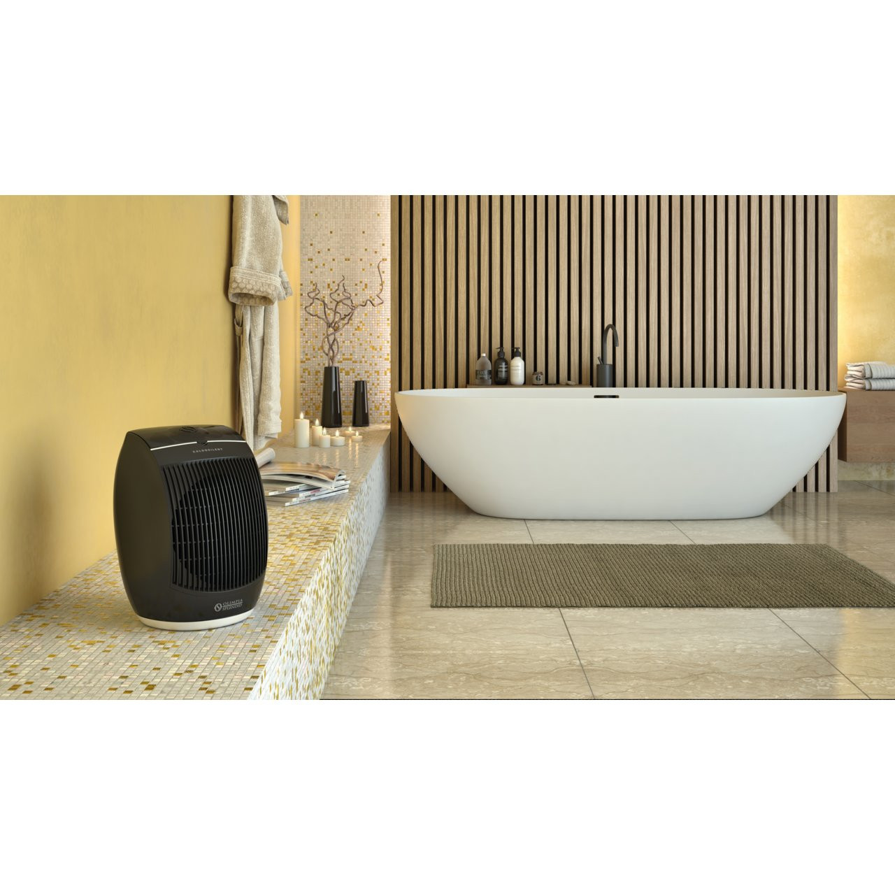 Una stufetta a ventola nera si trova su una mensola fantasia accanto a una vasca da bagno.
