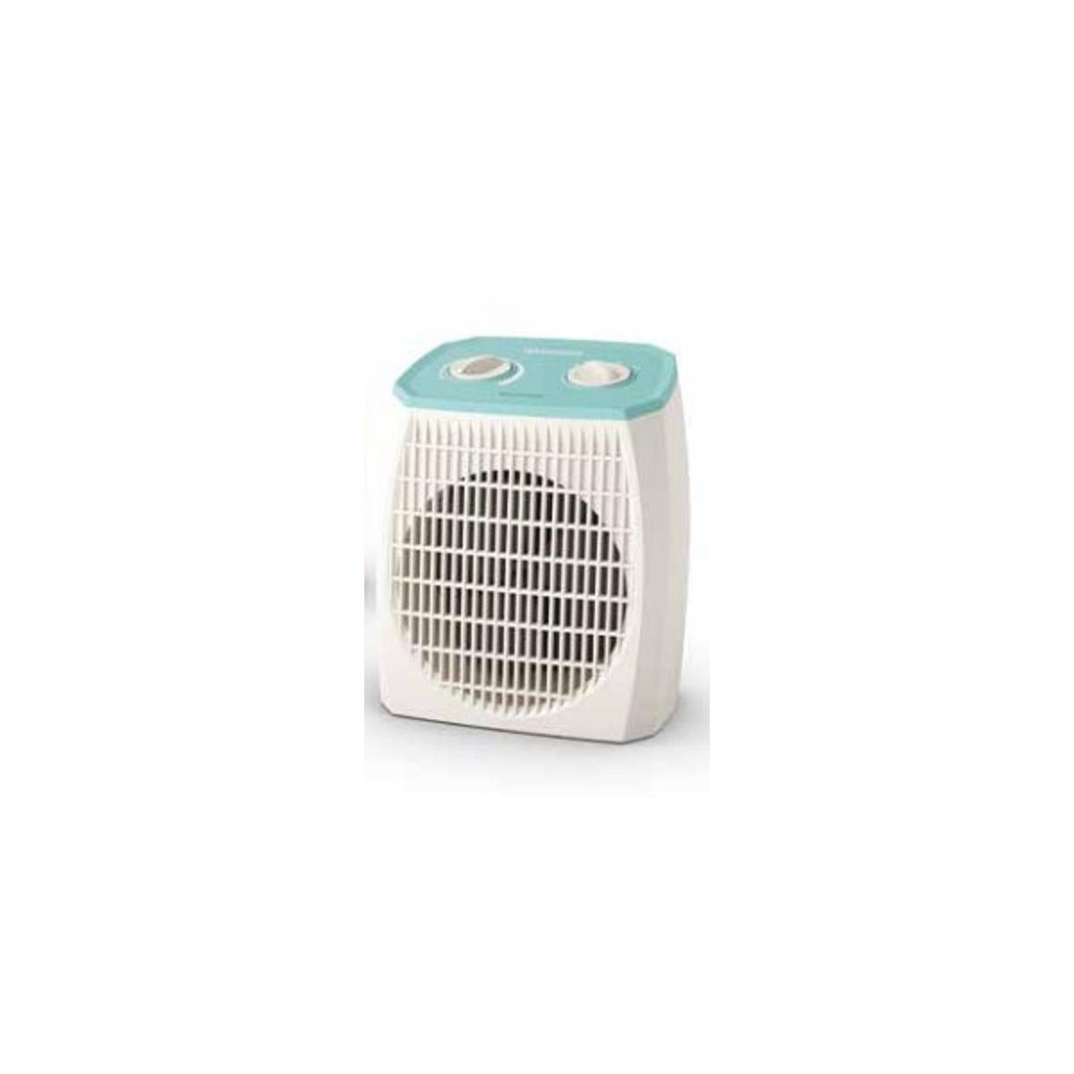 Een witte ventilatorkachel met een turquoise bovenkant en ventilatiesleuven.