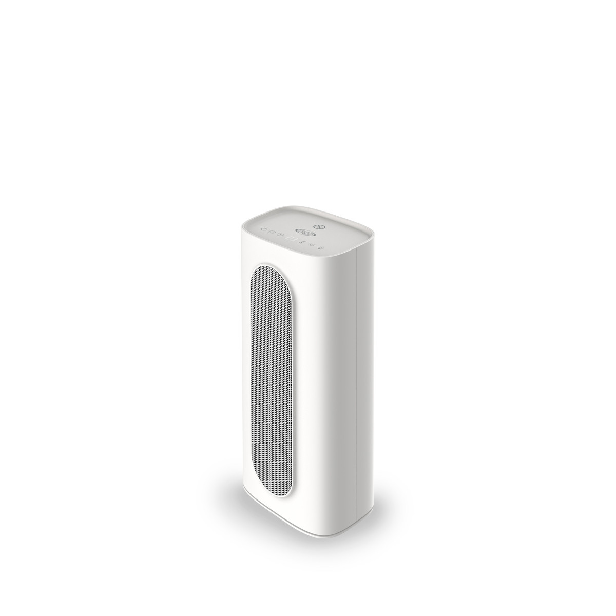 Un deodorante per ambienti rettangolare bianco con griglia nera frontale e controlli superiori.