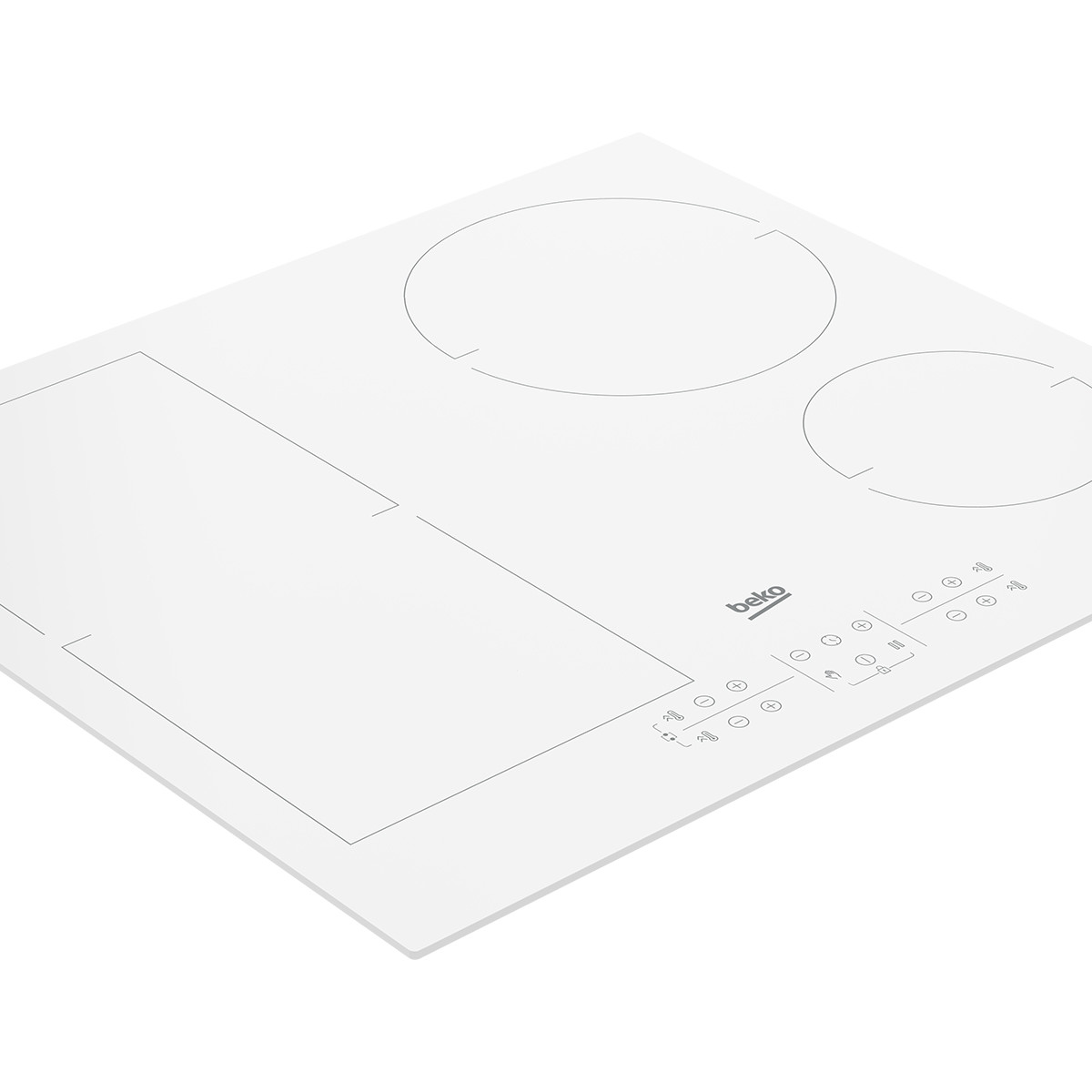 Weiße Beko Induktionskochplatte mit Touch-Bedienfeld und Kochzonen.
