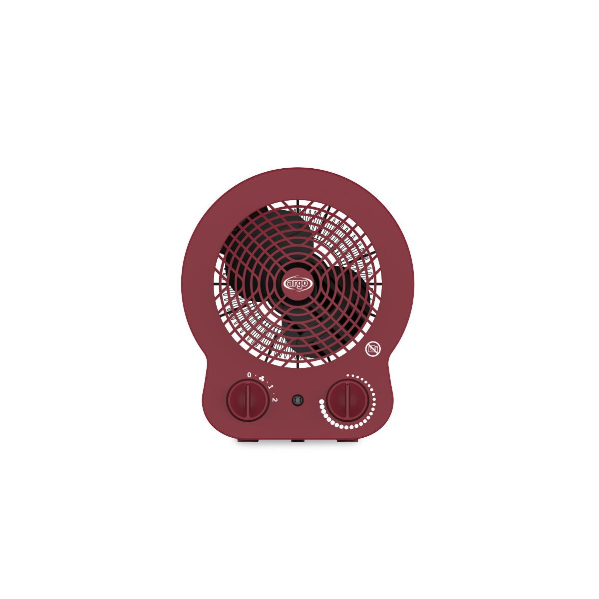 Ventilatore color borgogna con griglia nera e manopole.
