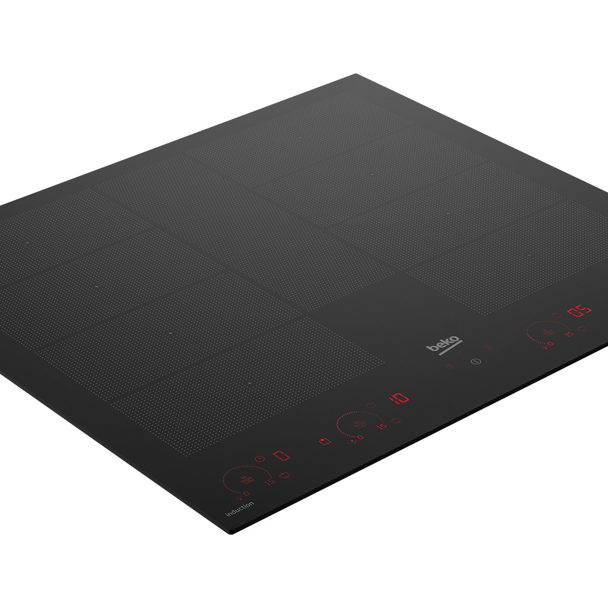 Piano cottura a induzione nero con display touch rosso e indicatori zona.