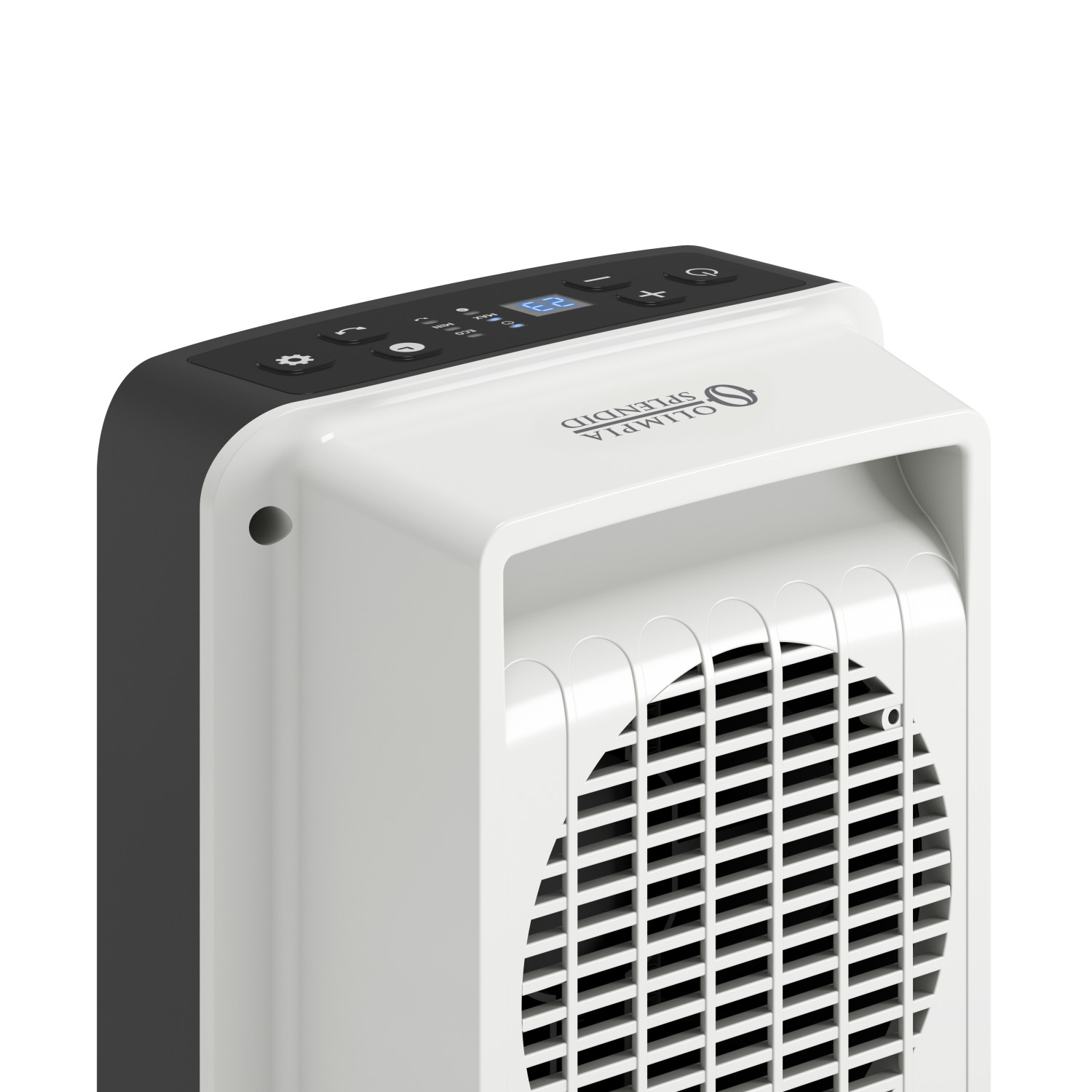 Een witte ventilatorverwarmer met zwart bovendeel en rooster.