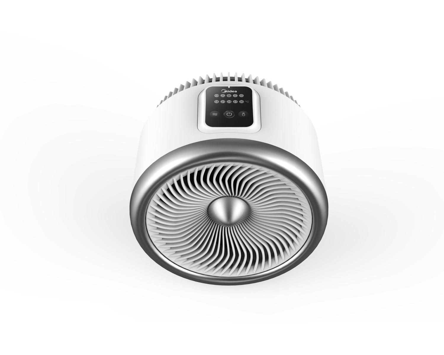 Un purificatore d'aria bianco con anello argentato e pale.