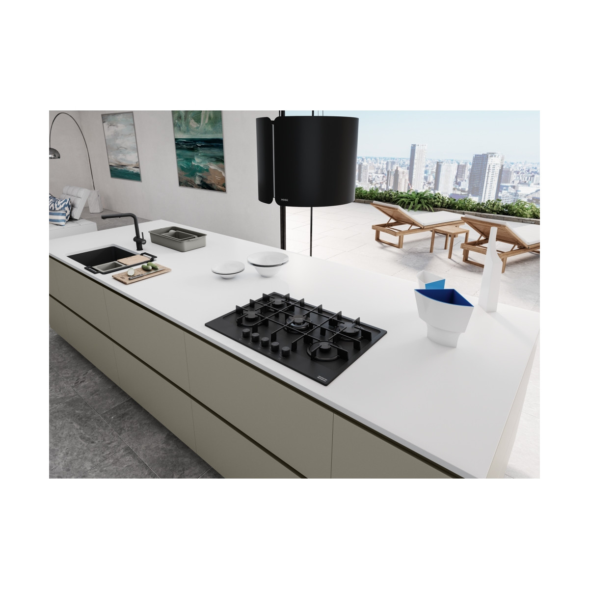 Cucina moderna con piano cottura a gas, lavello e vista su terrazza cittadina.