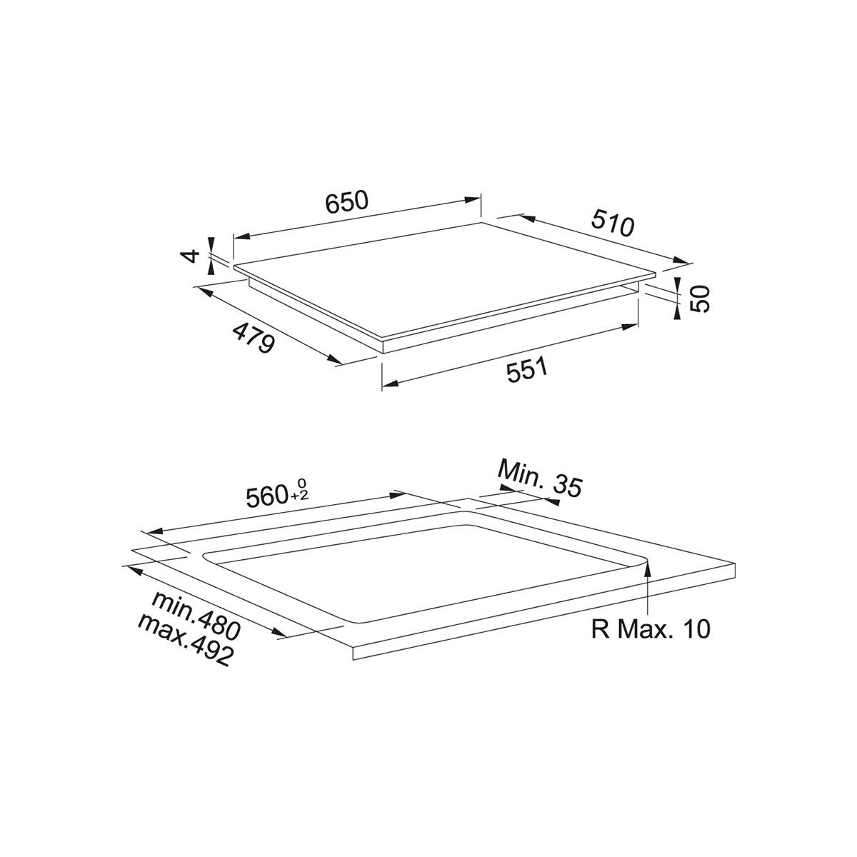 Disegno tecnico di un piano cottura con dimensioni.