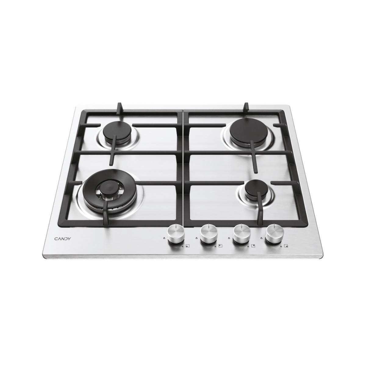 Encimera de gas de acero inoxidable con cuatro quemadores y mandos plateados.