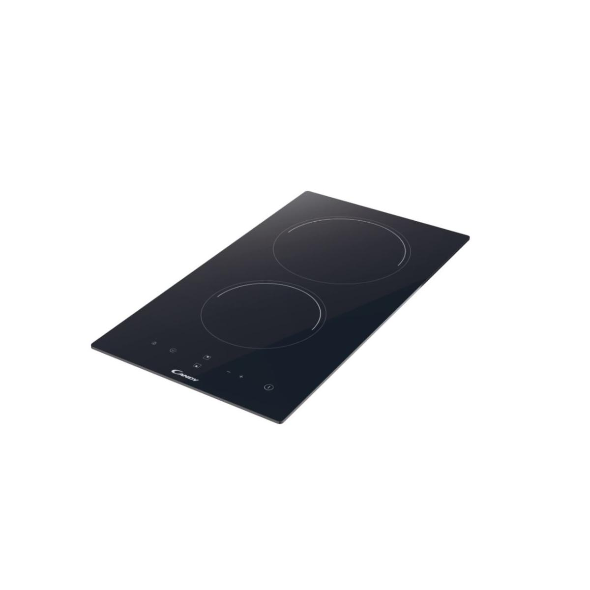 Una placa de inducción negra con dos zonas de cocción y controles táctiles.