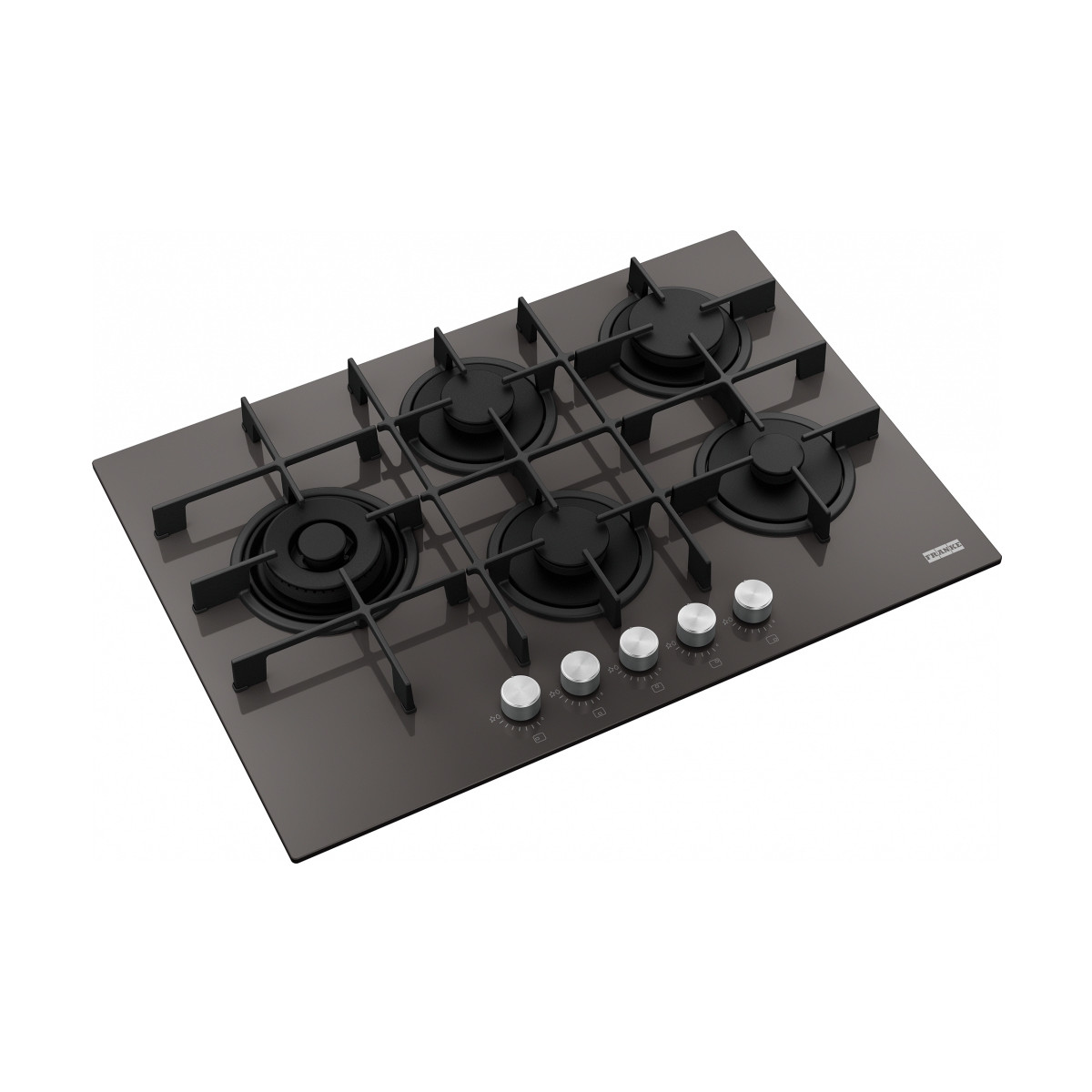 Un piano cottura a gas scuro con quattro fuochi e griglie metalliche.