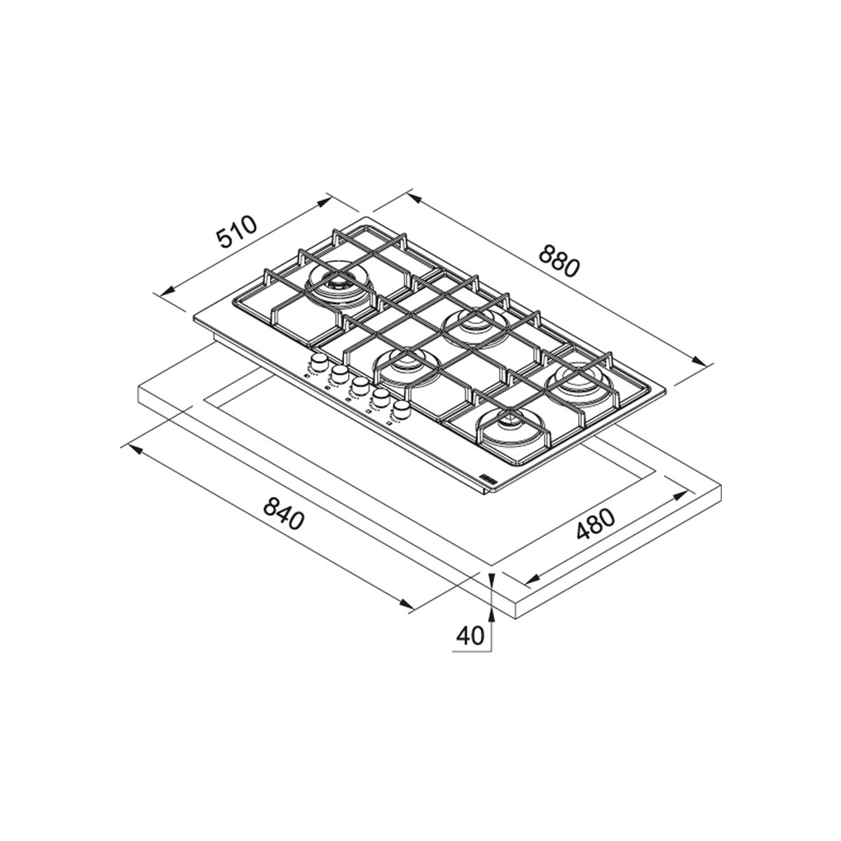 Disegno tecnico di un piano cottura a gas a quattro fuochi con dimensioni.