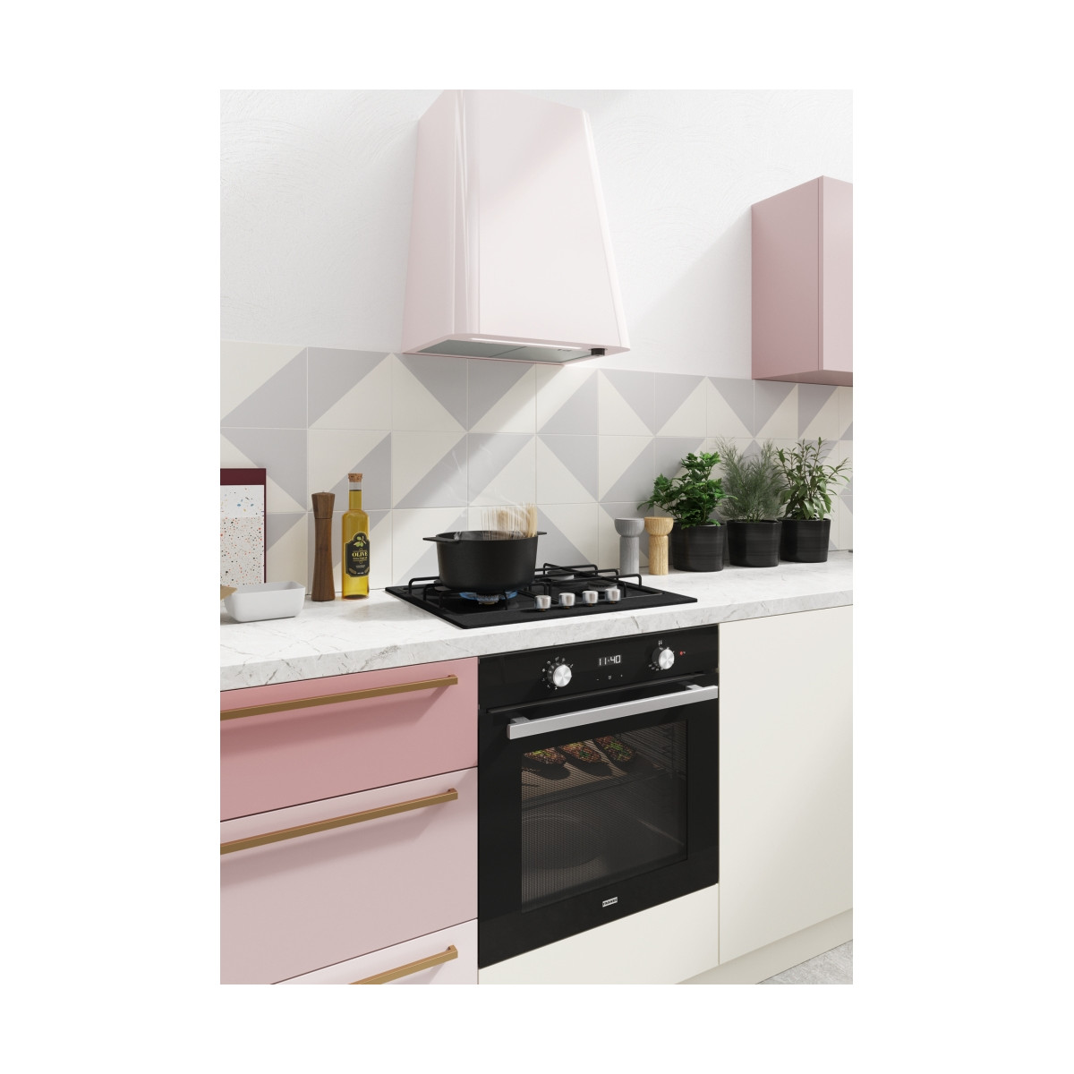 Cucina moderna con cassetti rosa, forno nero e piano cottura a gas. Pentola sobbolle.