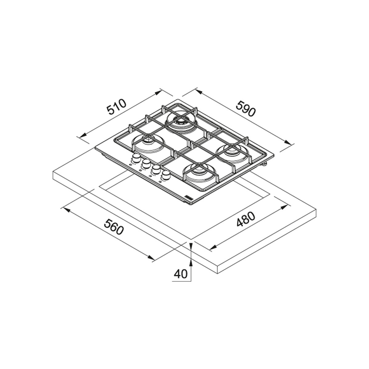 Disegno tecnico di un piano cottura a gas con dimensioni.