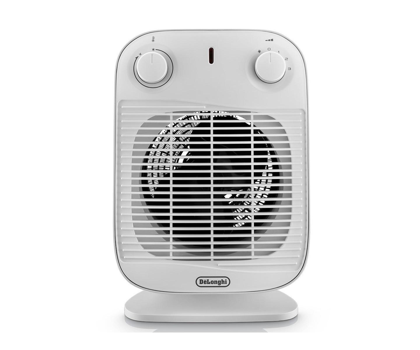 Een witte draagbare ventilatorkachel met ventilator en twee draaiknoppen.